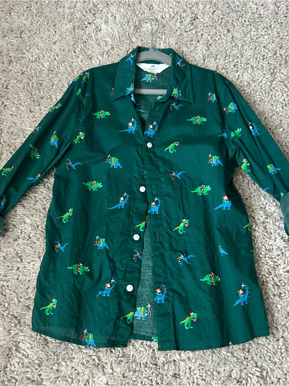 H&M Dark Green Button-Down Shirt with Colorful Dinosaur Motif